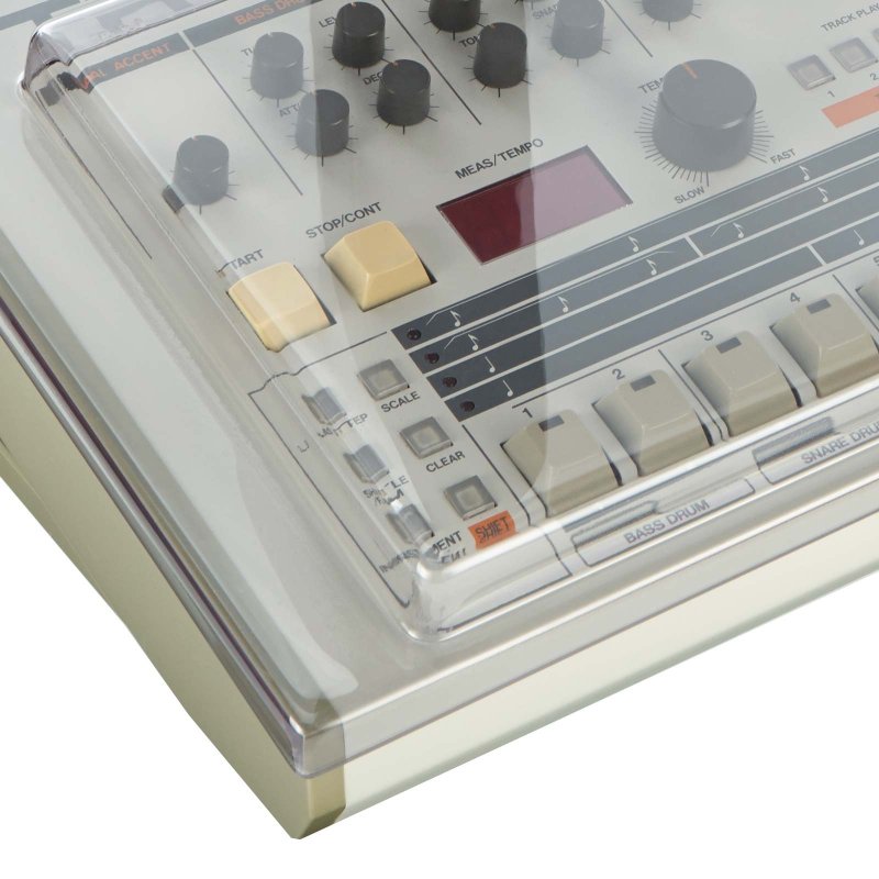Decksaver smoked clear cover for Roland TR-909 drum machine, groovebox protective cover, transparent plastic material.