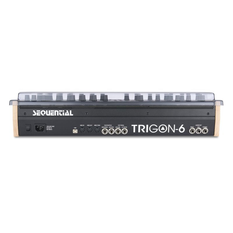 Decksaver cover for Sequential Trigon-6 desktop synthesizer, clear protective plastic with precise cutouts for easy fitting.