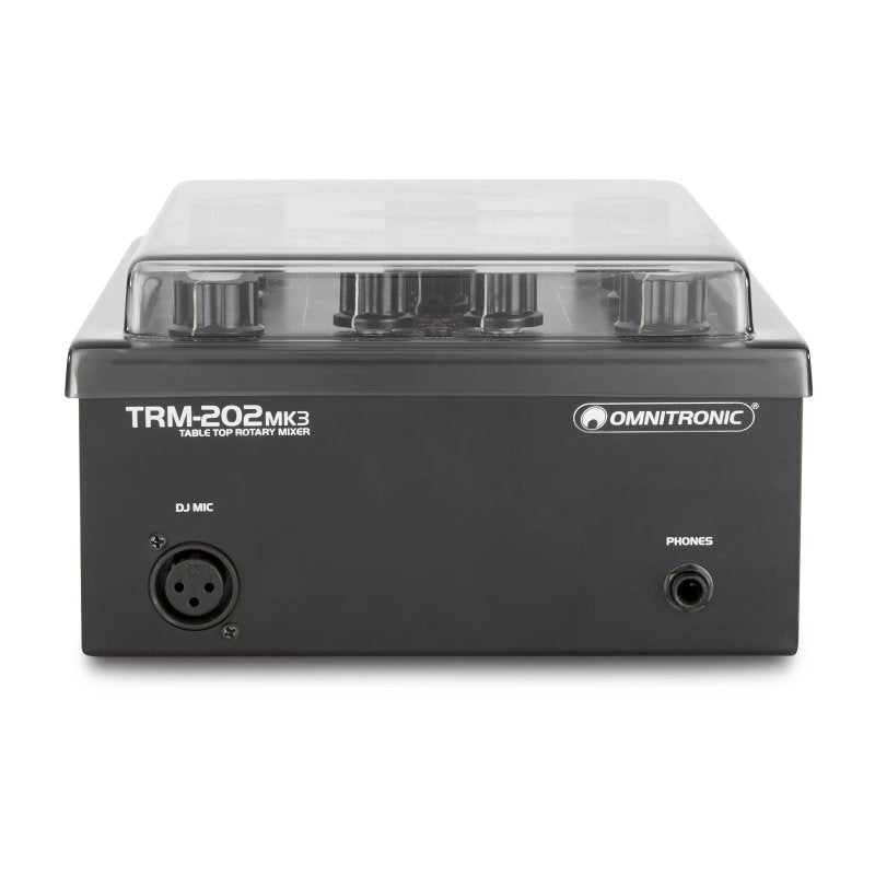 Decksaver cover for Omnitronic TRM-202 DJ mixer, clear protective cover designed for safe transport and storage.