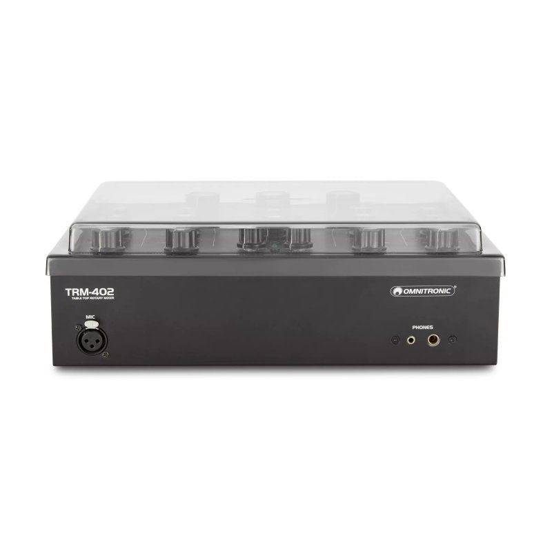 Decksaver cover for Omnitronic TRM-402 DJ mixer, clear protective plastic cover designed to shield and protect the device.