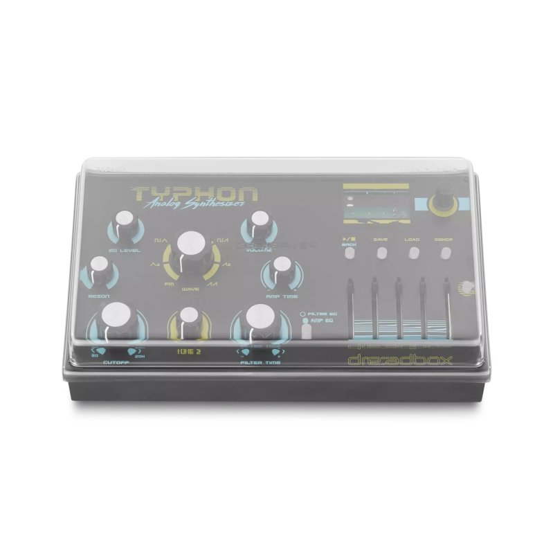 Decksaver cover for Dreadbox Typhon synthesizer, clear protective plastic case with precise cutouts for safe storage.