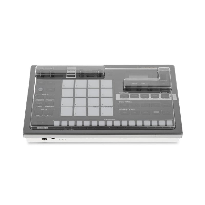 Decksaver cover for Roland Verselab MV-1 producer controller, clear protective plastic case with precise fit and branding details.
