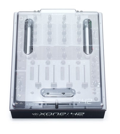 Decksaver Allen & Heath XONE-42 smoked and clear DJ mixer cover showing transparent plastic and snug fit for protection.