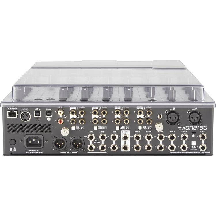 Decksaver Allen & Heath XONE:96 DJ mixer cover protecting the mixer from dust and spills, made of durable plastic material.
