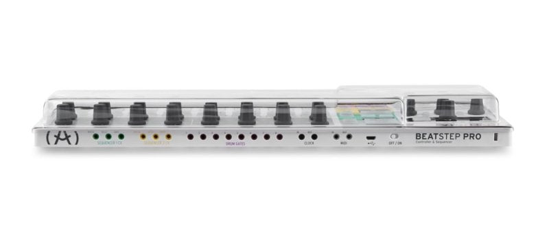 Decksaver Arturia Beatstep Pro cover in smoked clear plastic, designed for groovebox protection with a sleek, transparent design.