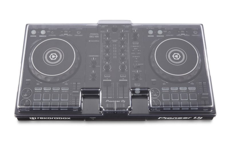 Decksaver Pioneer DDJ-400 cover protecting DJ controller, made of durable, clear plastic for safe storage and transport.