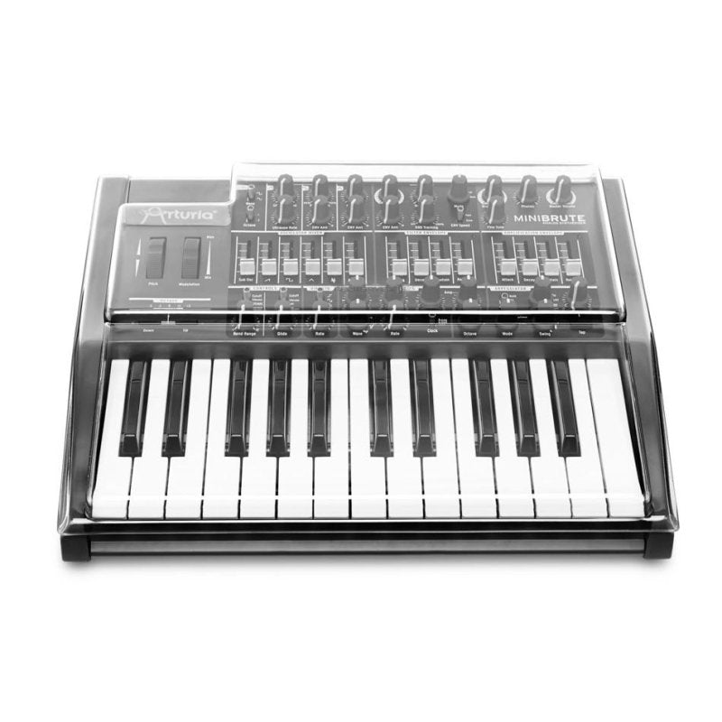 Decksaver cover for Arturia Mini Brute mixer, smoked and clear synth protector, durable plastic case for equipment safety.