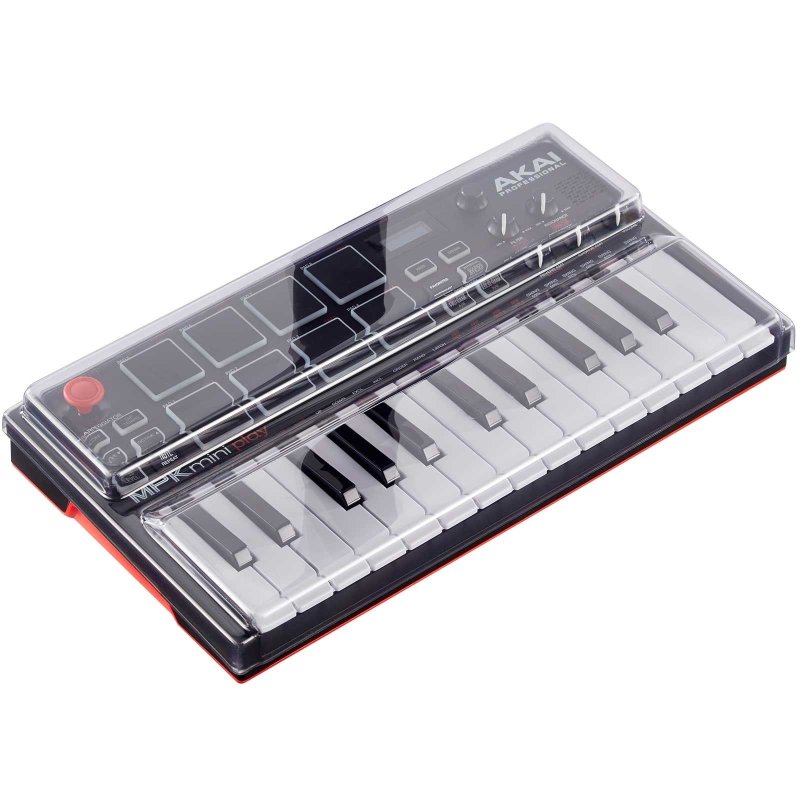 Decksaver hard cover for Akai MPK Mini Play keyboard, lightweight protective keyboard cover in clear plastic with branding.
