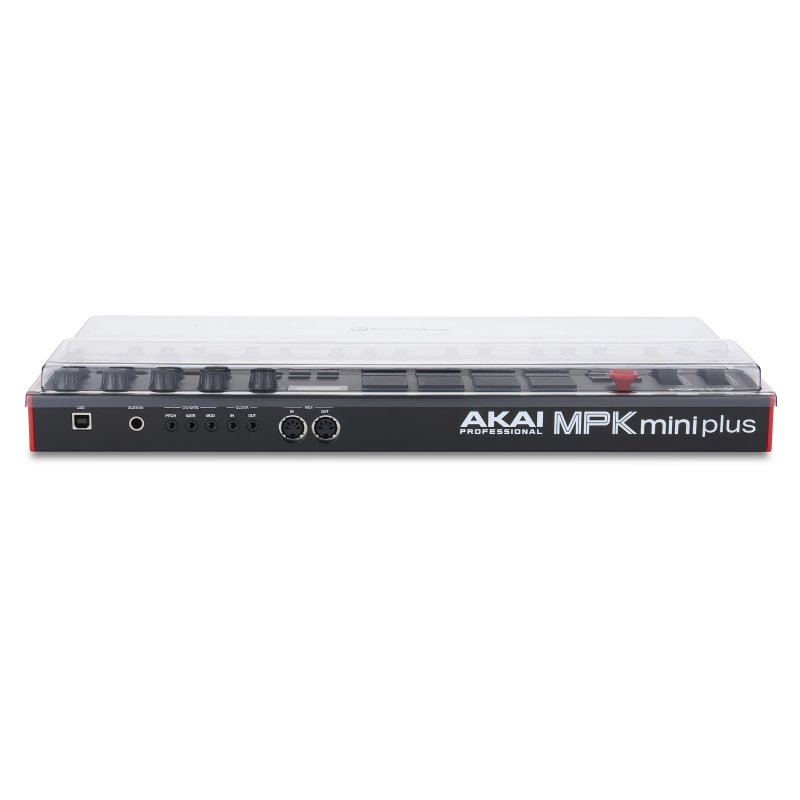 Decksaver keyboard cover for AKAI Professional MPK Mini Plus, protective plastic case for compact MIDI controllers.
