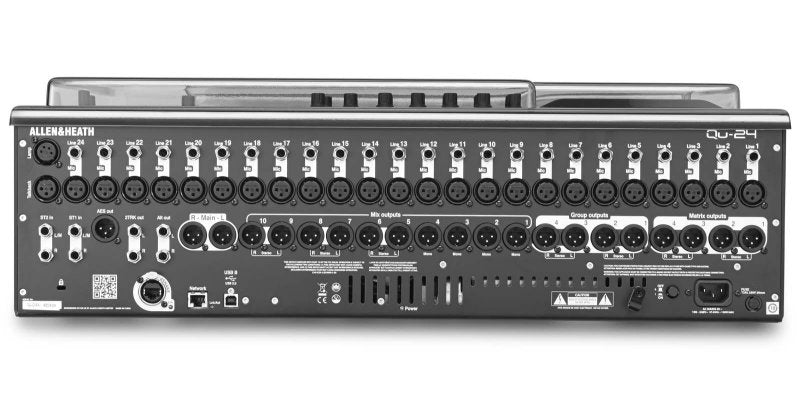 Decksaver cover for Allen & Heath QU-24 mixer, smoked and clear plastic protective case, designed for pro audio mixer protection.