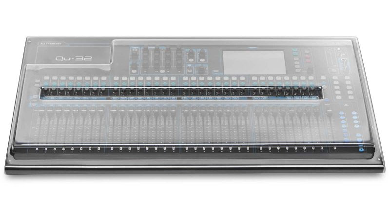 Decksaver cover for Allen & Heath QU-32 mixer, smoked and clear plastic, designed to protect professional audio mixers from dust and damage.