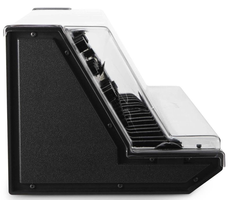 Decksaver cover for Korg MS-20 Mini synthesizer, clear protective plastic case designed for safe storage and transport of the synth.