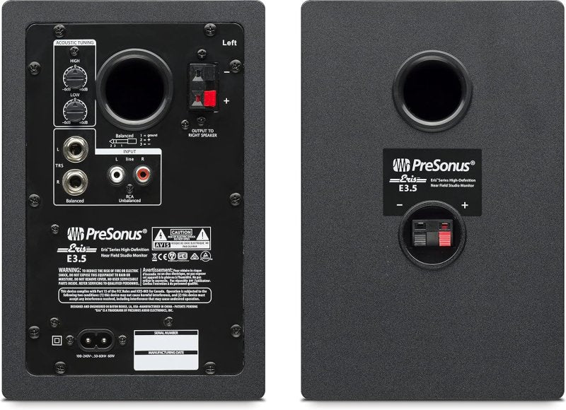 Pair of PreSonus Eris 3.5-inch active media reference monitors with black enclosures and front-facing controls.