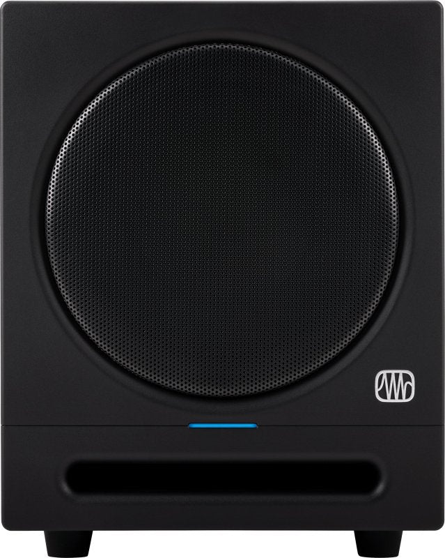 PreSonus 8-inch compact Bluetooth active studio subwoofer with front-firing design, part of Eris monitors and subwoofers line.