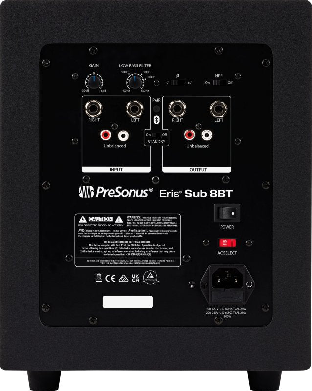 PreSonus Eris 8-inch compact Bluetooth active studio subwoofer with front-firing design and sleek black finish.