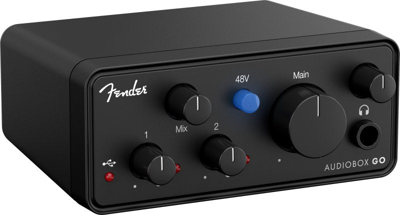 PreSonus Fender AudioBox Go USB-C audio interface with compact design and input/output controls for music recording.