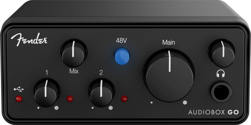 PreSonus Fender AudioBox Go USB-C audio interface with compact design and input/output controls for music recording.