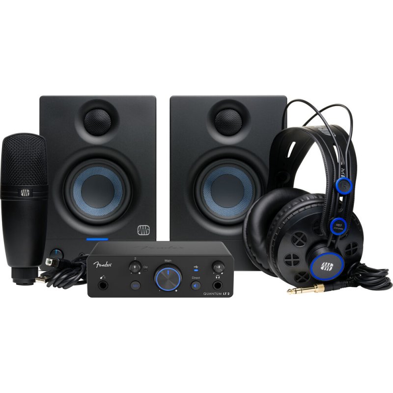 PreSonus Fender Studio Quantum Complete Bundle with audio interface, headphones, and accessories for professional recording.