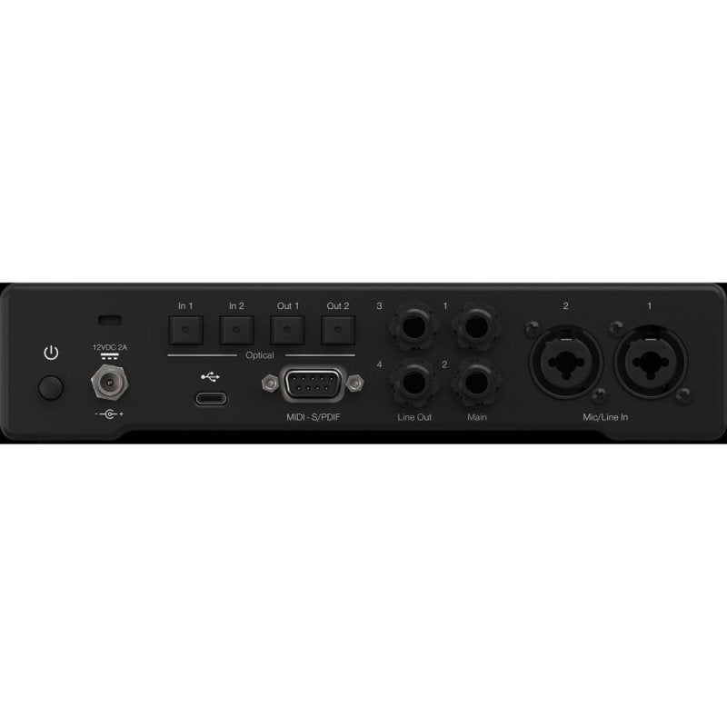 PreSonus Fender USB-C audio interface with multiple input/output channels, black finish, and digital control panel for recording.