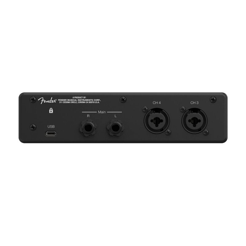 PreSonus Fender 2-in/2-out USB-C audio interface with metal case, front panel with input and output ports, and control knobs.