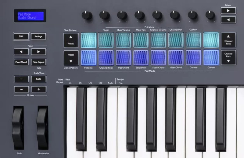 Novation FLKEY-61 61-Key MIDI Controller Keyboard with 16 RGB-backlit Pads, 8 Knobs, 9 Faders, and Pitch Bend