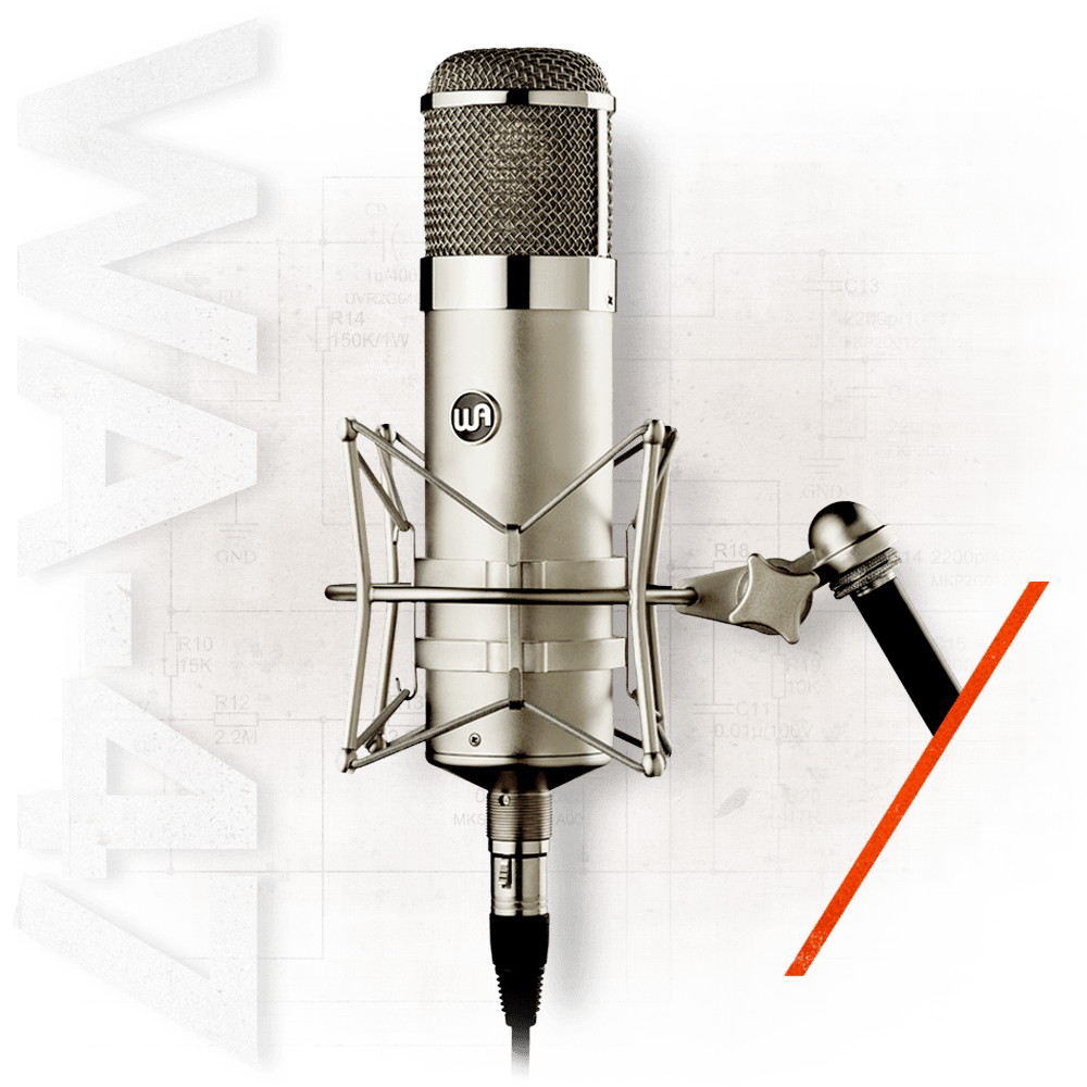 Warm Audio large-diaphragm tube condenser microphone with shockmount and external PSU, featuring nine adjustable polar patterns.