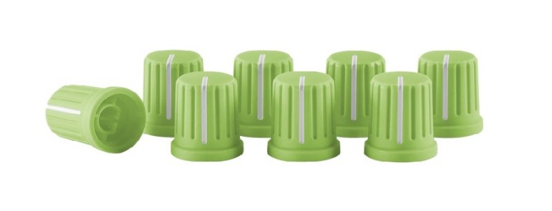 Green Reloop knob cap set for cartridges and styli, featuring four round, textured caps for easy grip and style.