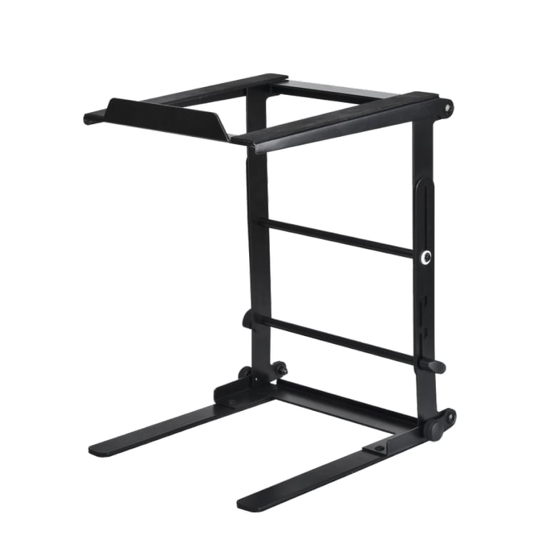 Reloop foldable laptop stand with flexible support for laptops, PCs, and notebooks, designed for portable use and adjustable height.