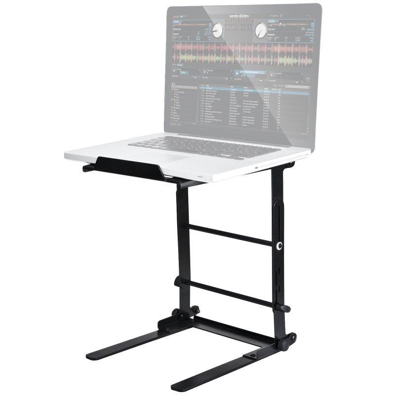 Reloop foldable laptop stand with flexible support for laptops, PCs, and notebooks, shown in a compact, portable design.
