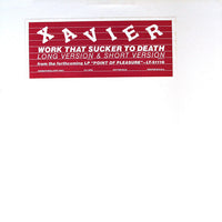 Close-up of the "Work That Sucker To Death" black graphic T-shirt by Rectangle Triangle, showing the front design and fabric details.