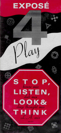 Rectangle Triangle's "Stop, Listen, Look & Think" motivational poster featuring bold text on a white background.