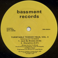 Turntable Terror Trax, Vol. 3 album cover by Rectangle Triangle featuring dark, horror-inspired artwork with a sinister turntable design.