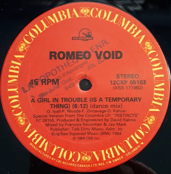 A Girl In Trouble (Is A Temporary Thing) Romeo Void