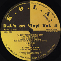 Close-up of the vinyl record cover for D.J.'s On Vinyl Vol. 4 by Rectangle Triangle featuring bold, colorful album artwork.