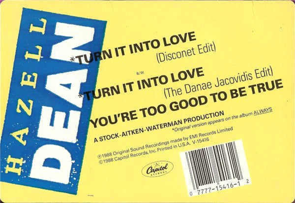 Hazell Dean - Turn It Into Love, 12" vinyl, on Capitol Records (1988) (image 3)