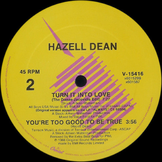 Hazell Dean - Turn It Into Love, 12" vinyl, on Capitol Records (1988) (image 2)