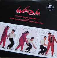 Rectangle Triangle Young Guns "Go For It" and Wham Rap! vinyl record cover featuring colorful artwork and bold typography.