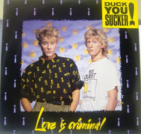Rectangle Triangle Love Is Criminal graphic T-shirt featuring bold text on a black fabric background.