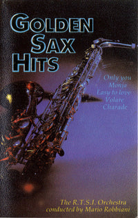 Golden Sax Hits by Rectangle Triangle, close-up of a shiny gold saxophone with intricate detailing and a black background.