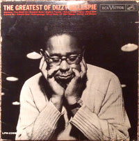 Jazz album cover for "The Greatest of Dizzy Gillespie" by Rectangle Triangle, featuring Dizzy Gillespie's portrait and vibrant design elements.