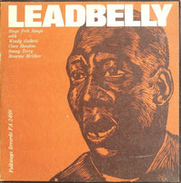 Rectangle Triangle Leadbelly Sings Folk Songs album cover featuring a vintage-style illustration of Leadbelly performing folk music.