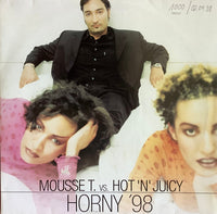 Close-up of a product labeled Horny '98 from Rectangle Triangle, featuring bold, stylized text on a dark background.