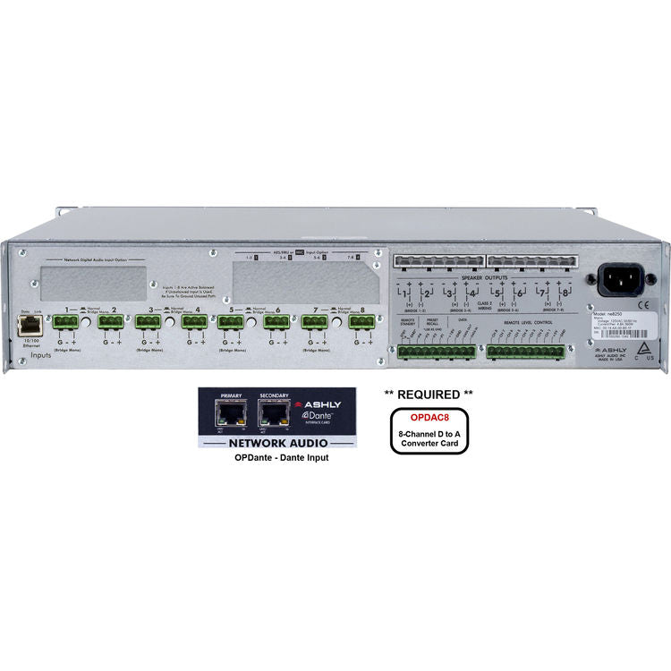 Ashly NE8250BD 8-Channel 2000W Network-Enabled Power Amplifier with OPDAC8 and OPDante Cards (Low-Z) 