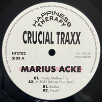 Rectangle Triangle Happiness Therapy Crucial Traxx 02 album cover art featuring vibrant abstract geometric shapes on a dark background.