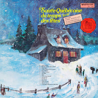 Festive Quebecois soirée scene with traditional decorations and people celebrating during the holiday season.