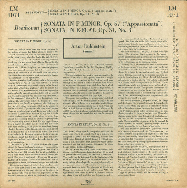Sonata In F Minor, Op. 57 ("Appassionata") / Sonata In E-Flat, Op. 31, No. 3 Ludwig van Beethoven,Arthur Rubinstein