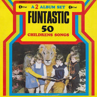 Children's music album cover featuring colorful illustrations for Funtastic 50 Children's Songs by Rectangle Triangle.