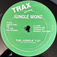 Abstract artwork titled "The Jungle" by Rectangle Triangle featuring lush green and earthy tones in a vibrant jungle scene.