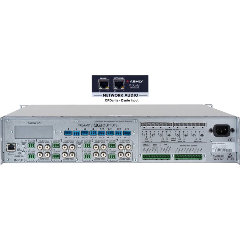 Ashly PEMA-8250D 8-Channel 2000W Pema Network Power Amplifier with OPDante Card & Protea DSP Software Suite (Low-Z) 