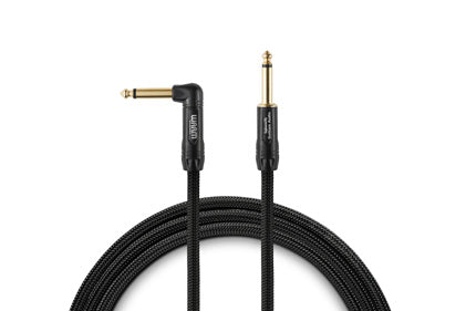 Warm Audio Premier Series 1-foot right-angle instrument cable, 18 inches, with durable connectors for musical instrument connection.